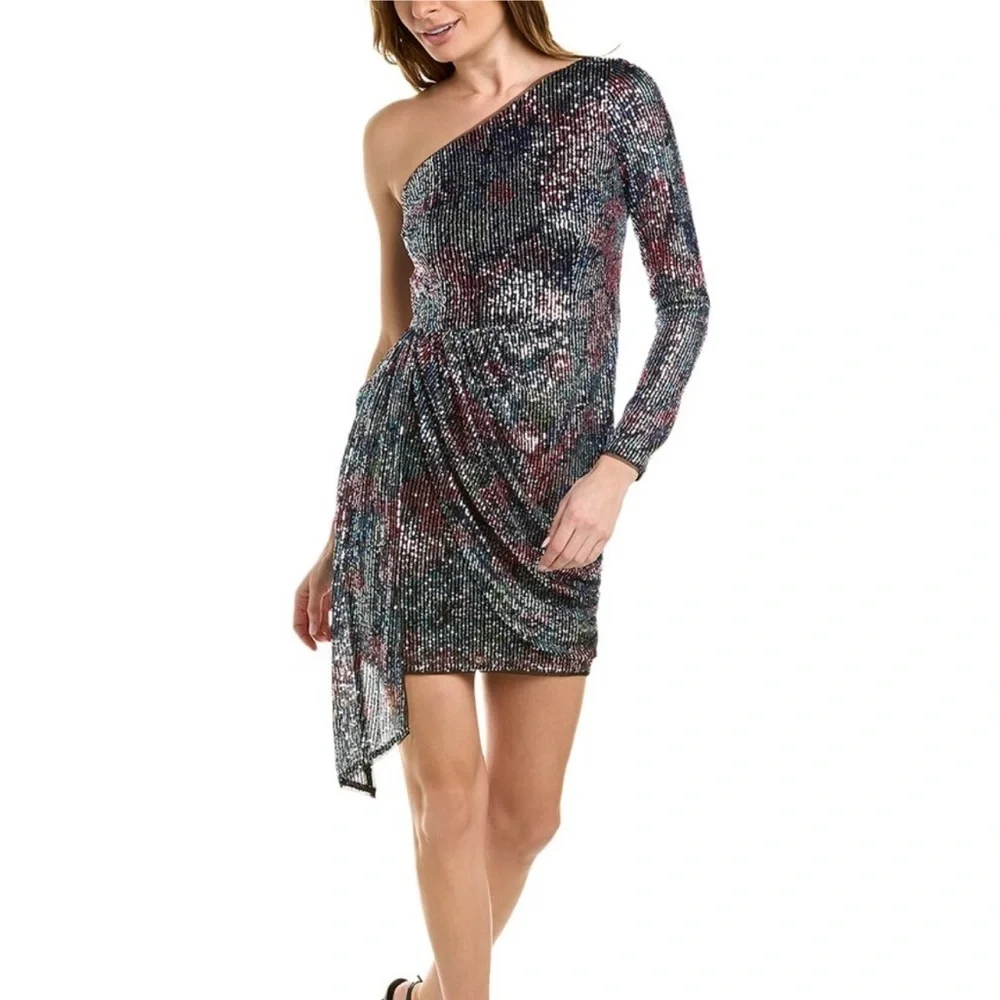 Aidan by Aidan Mattox Printed One-Shoulder Sequin Mini Dress Cocktail Sz 12
